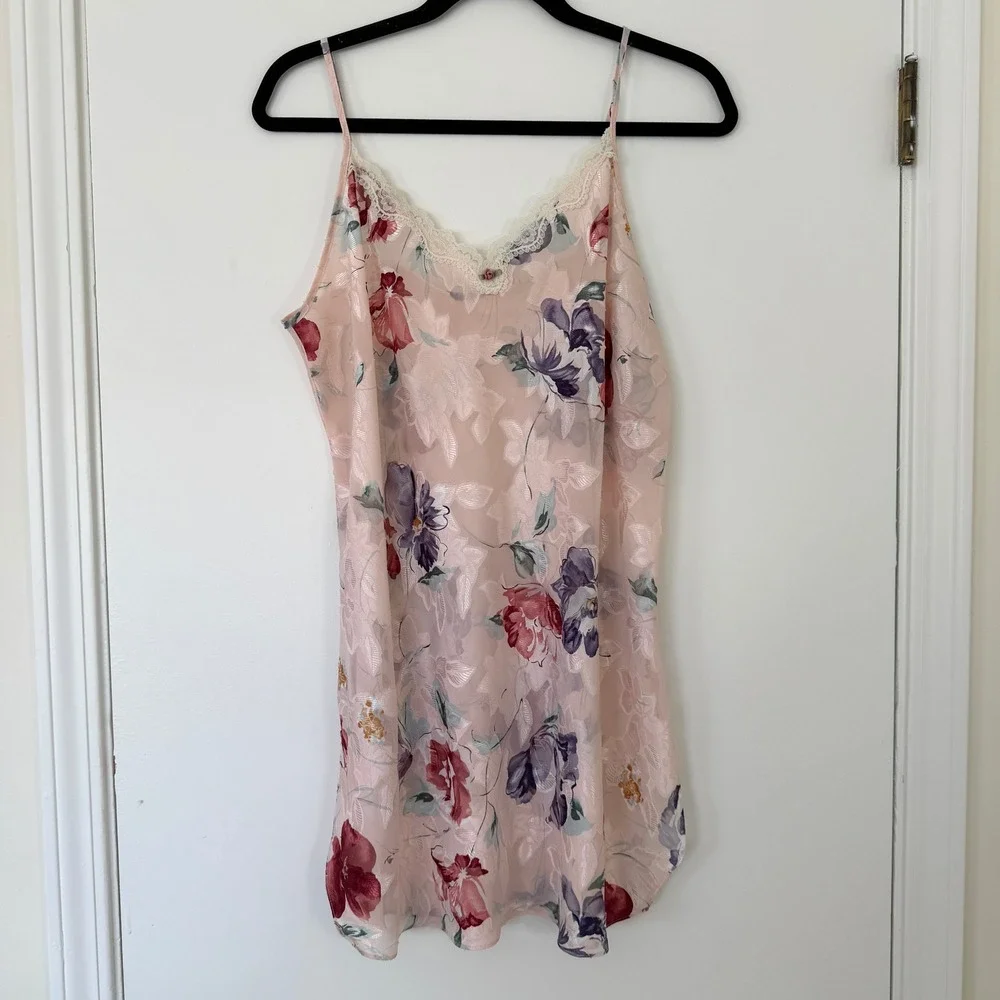 Angelique Vintage Floral‎ Robe & Slip Set Pink Jacquard Lace Trim Large made USA